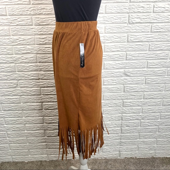 French Laundry Brown Tan Boho Midi Skirt Fringe - Picture 6 of 8
